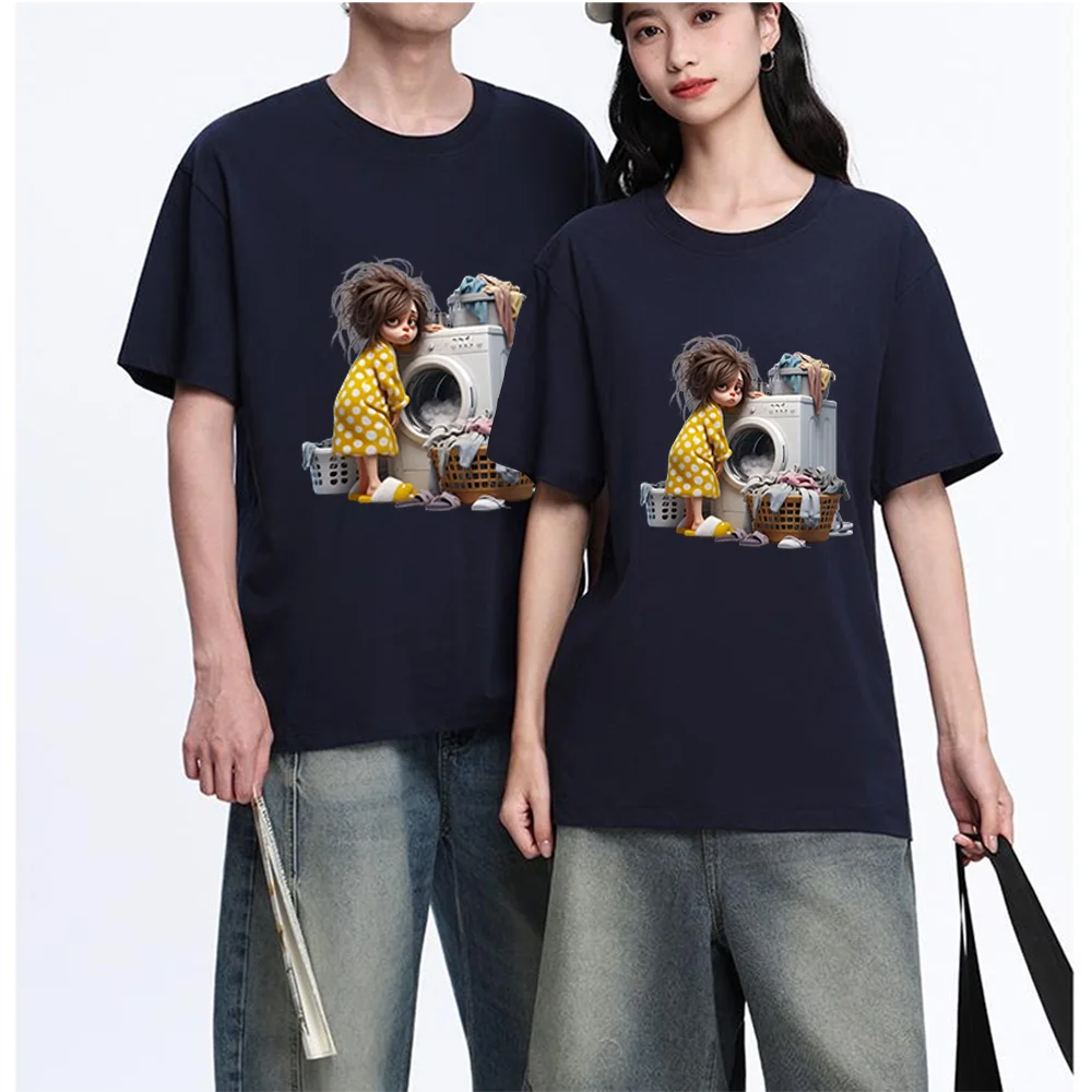 Sad Girl With Messy Hair And Washing Machine Printed T Shirt Breathable Fabric S-XXL Personalized Custom T Shirt Casual Short Sl