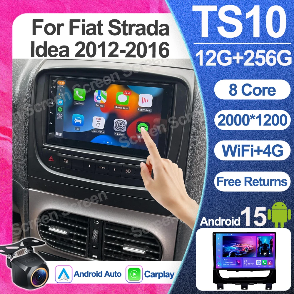 Rádio Multimídia para Carro Fiat Strada Idea 2012-2016, Player de Vídeo Android 16, Bluetooth, Navegação GPS, Espelhamento de Tela, Tela Sensível ao Toque 5G