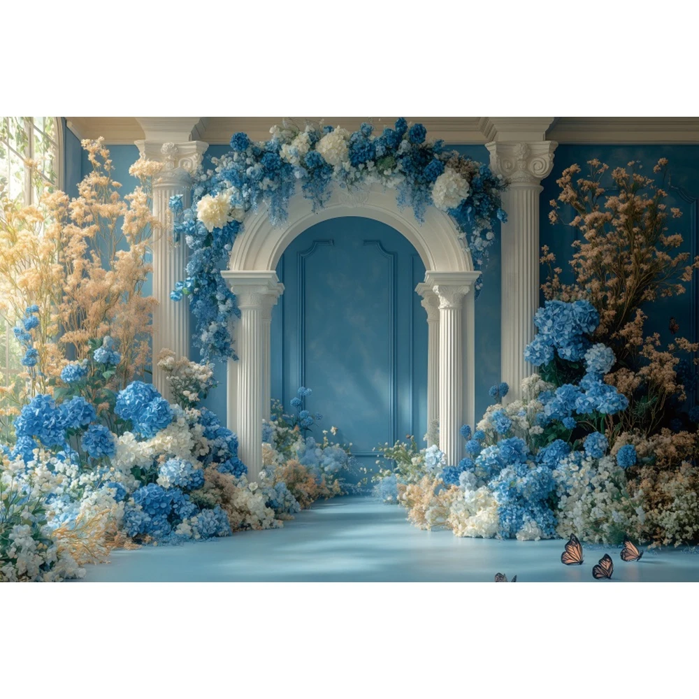 Blue Flower Butterfly Photography Backdrop Vintage Arch Door Floral Kids Birthday Wedding Art Portrait Photo Background Decor