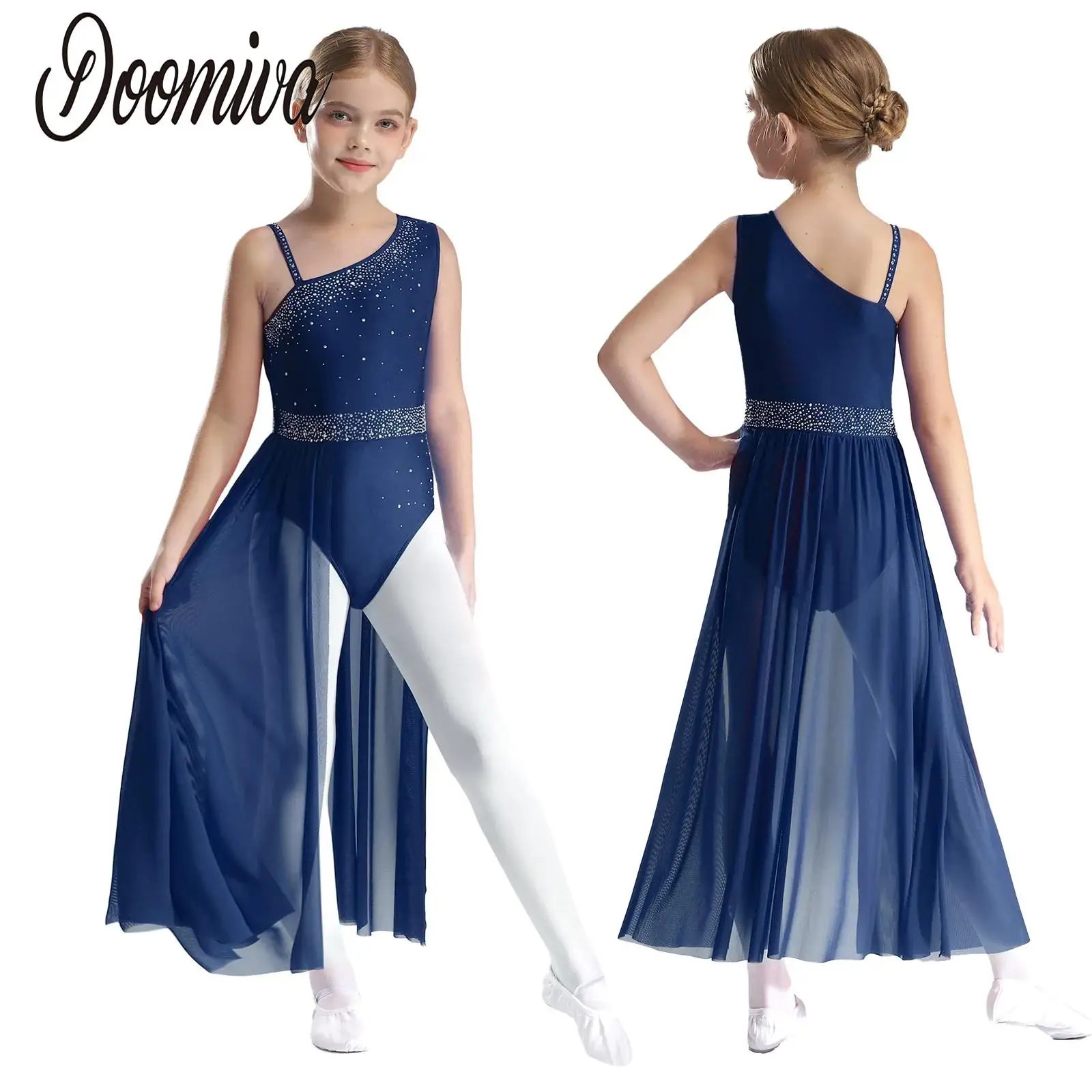 

Girls Lyrical Modern Dance Dress Leotard Bodysuits with Mesh Skirted Figure Skating Dance Ballet Long Dress Performance Costumes