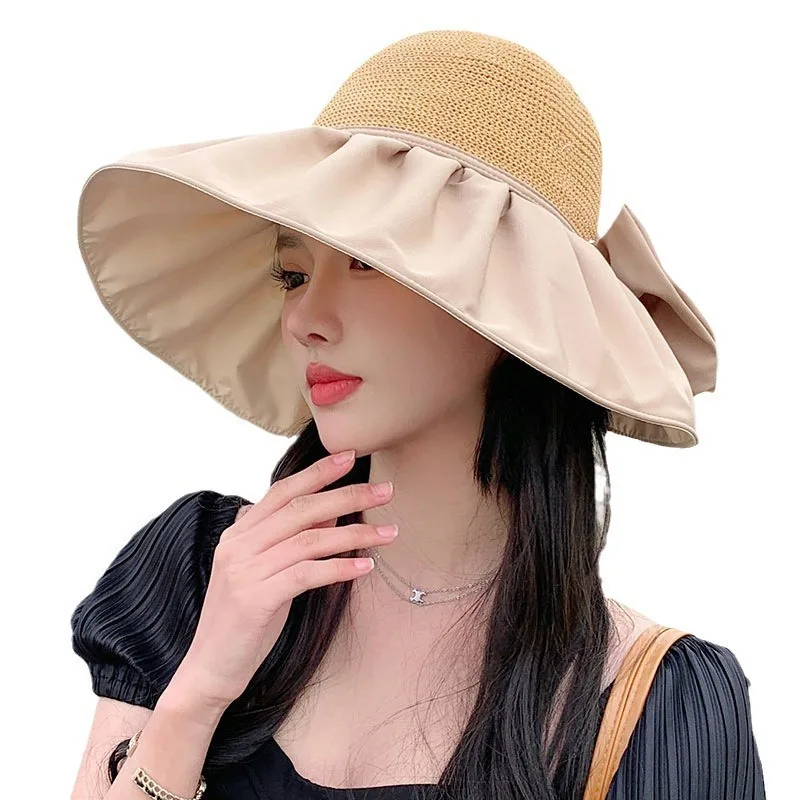 Foldable Extra Wide Brim Straw Sun Hat With Bow, Breathable Face Cover UV Protection Cap For Summer Travel Beach Daily Matching