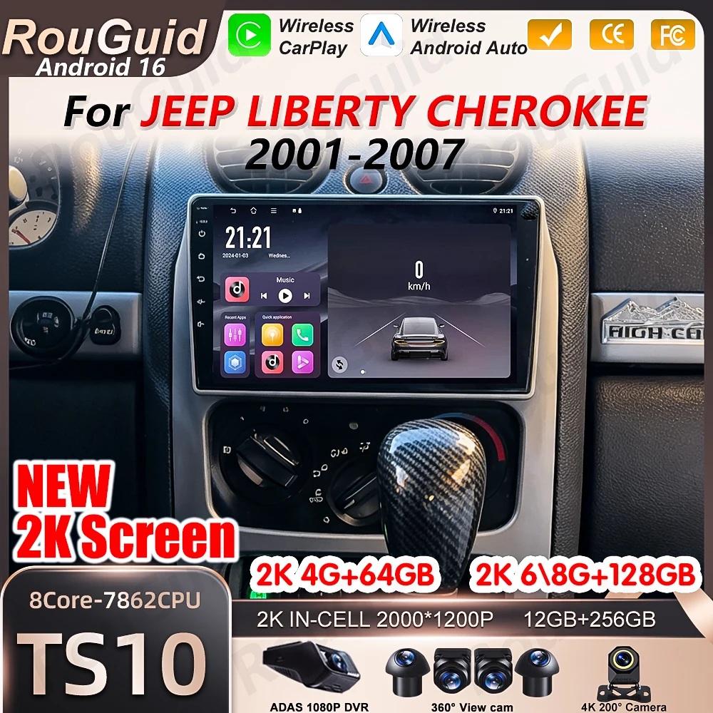 Android 16 Carplay Car Stereo For JEEP LIBERTY CHEROKEE 2001 2002 2003 2004 2005 2006 2007 Car Radio Video Multimedia Player 5G
