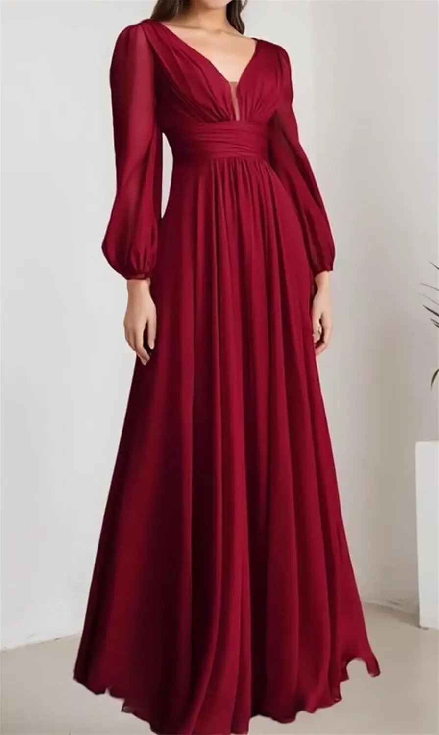 فساتين وصيفة الشرف بأكمام طويلة لضيف حفل الزفاف ورقبة على شكل حرف V من الشيفون للحفلات الراقصة الرسمية على شكل حرف A