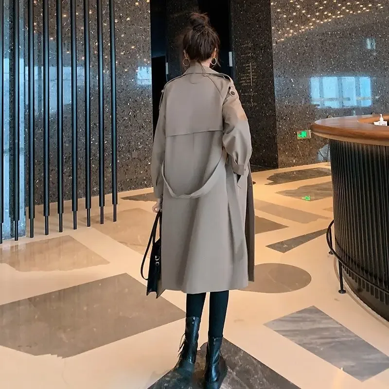 Pop Korean Double-breasted Casual Lapel Trench Coat Women 2025 Autumn Long Windbreak With Belt Chic Basic Windproof Jacket