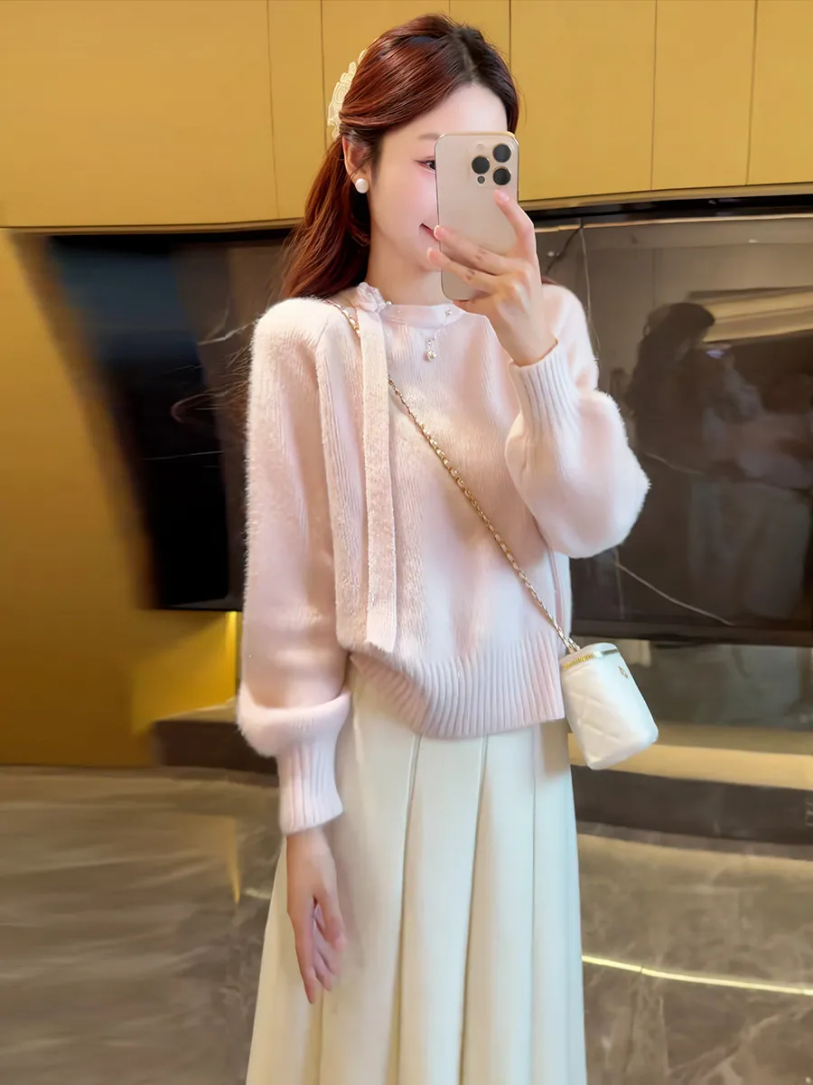 Koreanische Sle Loose Fit runde Ne Pullover frauen Rosa Strickwaren mit 3D Blumen Dekoration Und Sa Frühling Herbst Winter