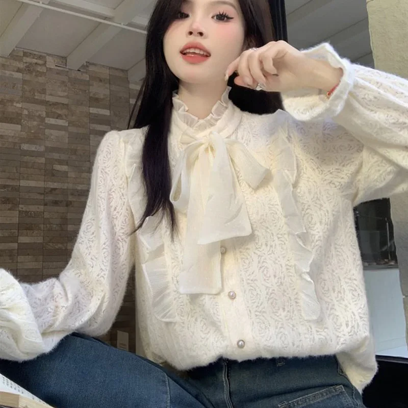 Spring Autumn Fashion Bow Lace Flare Sleeve Knitted Shirts Women's Clothing Elegant Soft Solid Loose Open Stitch Shirts