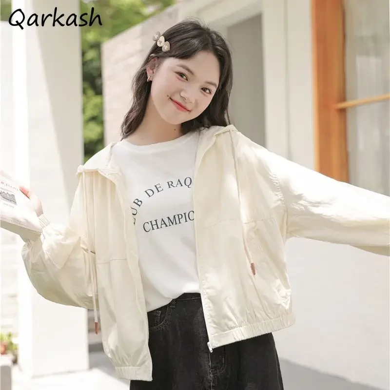 

Куртки с капюшоном женские солнцезащитные тонкие свободные дышащие летние Ulzzang повседневные универсальные студенческие рукава-фонарики темперамент уличная одежда