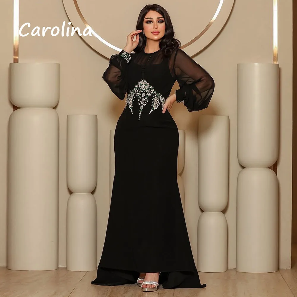 

Carolina Black O-Neck beading Mermaid Arabia elegant party dresses women 2024 Floor-Length Long Sleeves Evening Gown فساتين سهرة