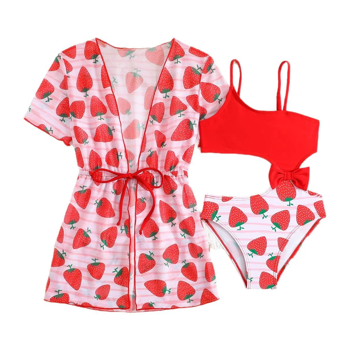Girls One-Piece Suits Strawberry Print Bikini Kids Swimsuit&Kimono 4-7 Years 2 Pieces Children's Swimwear Cover Up Bathing Suits
