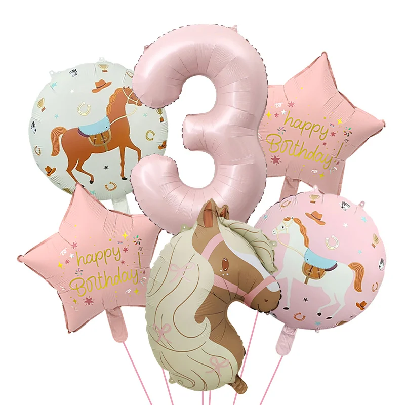 6 Stück Rosa Pony Geburtstags-Folienballons 32 Zoll Zahlenballons 1-9 für Kinder Mädchen 1.-9. Geburtstag Niedliche Tierfarm-Themen-Partydekoration – Detail 3
