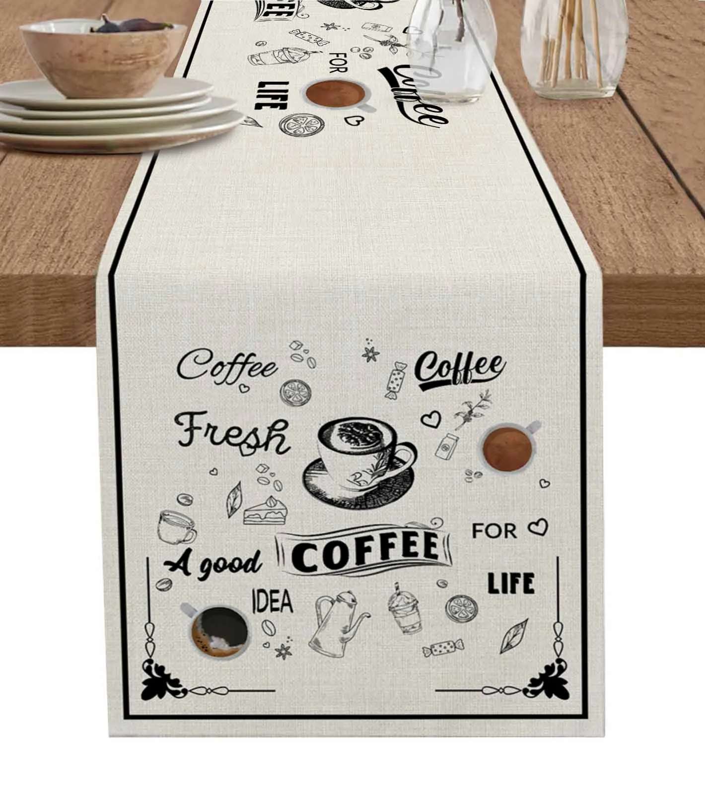 

Coffee Coffee Beans Cup Linen Table Runners Kitchen Table Decoration Accessories Dining Table Runner Wedding Party Supplies