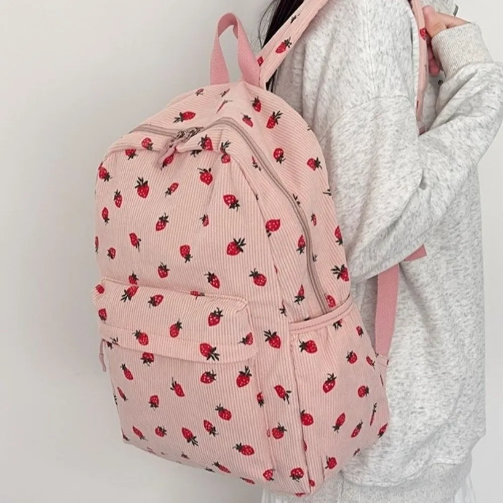 Strawberry Corduroy Backpack Solid Color Lightweight Students School Bag Large Capacity Adjustable Shoulder Straps