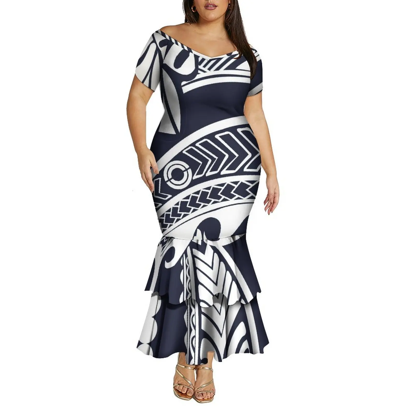 Vestido rabo de peixe de dupla camada com decote em V fora do ombro para mulheres polinesias vestido de emagrecimento de verão com padrão personalizado