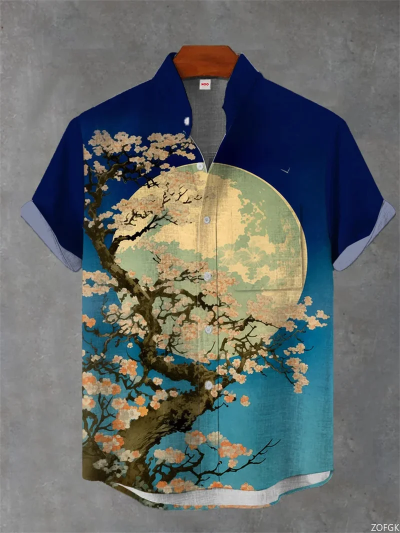 الرجال هاواي قميص كتان الصيف ثلاثية الأبعاد اللون المطبوعة قصيرة الأكمام بحر ، ريترو لباس غير رسمي Ropa De Hombres الرجال القمصان #5