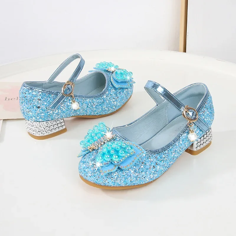

Spring Autumn Children Single Leather Shoes Girl High Heels Princess Shoe Bow Rhinestone Sequins Velcro Round Toe Antiskid Shoes