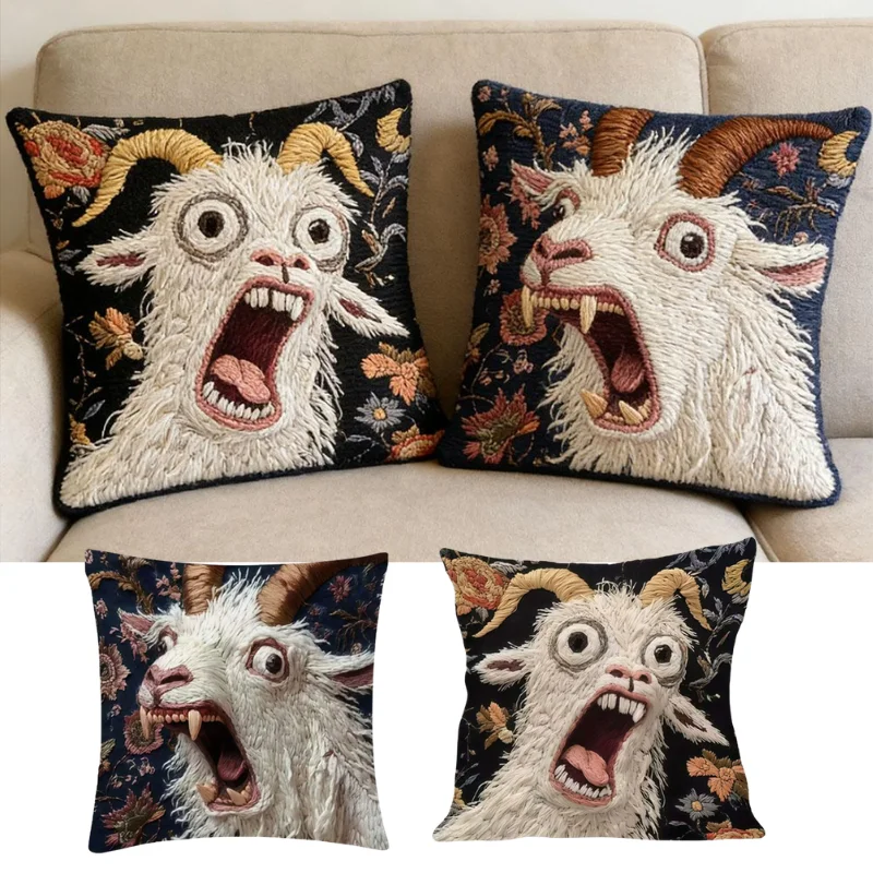 2pcs Retro Screaming Goat Throw Pillow Cover Vintage Floral Animal Print Cushion Case for Home Sofa Decor Halloween Decoration
