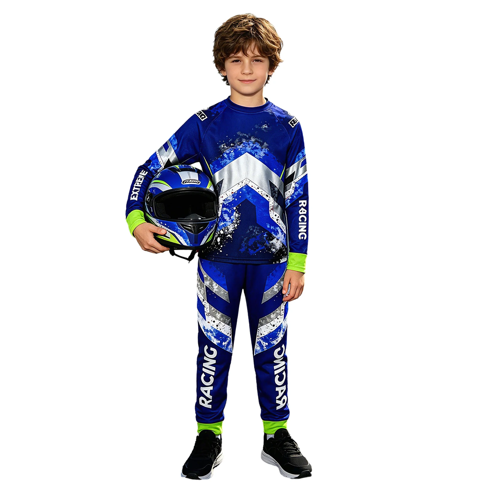 Kids Boys Outdoor Off-roading Motorcycle Outfit Letter Print Color Block Long Sleeve Jersey with Pants for Mountain Biking