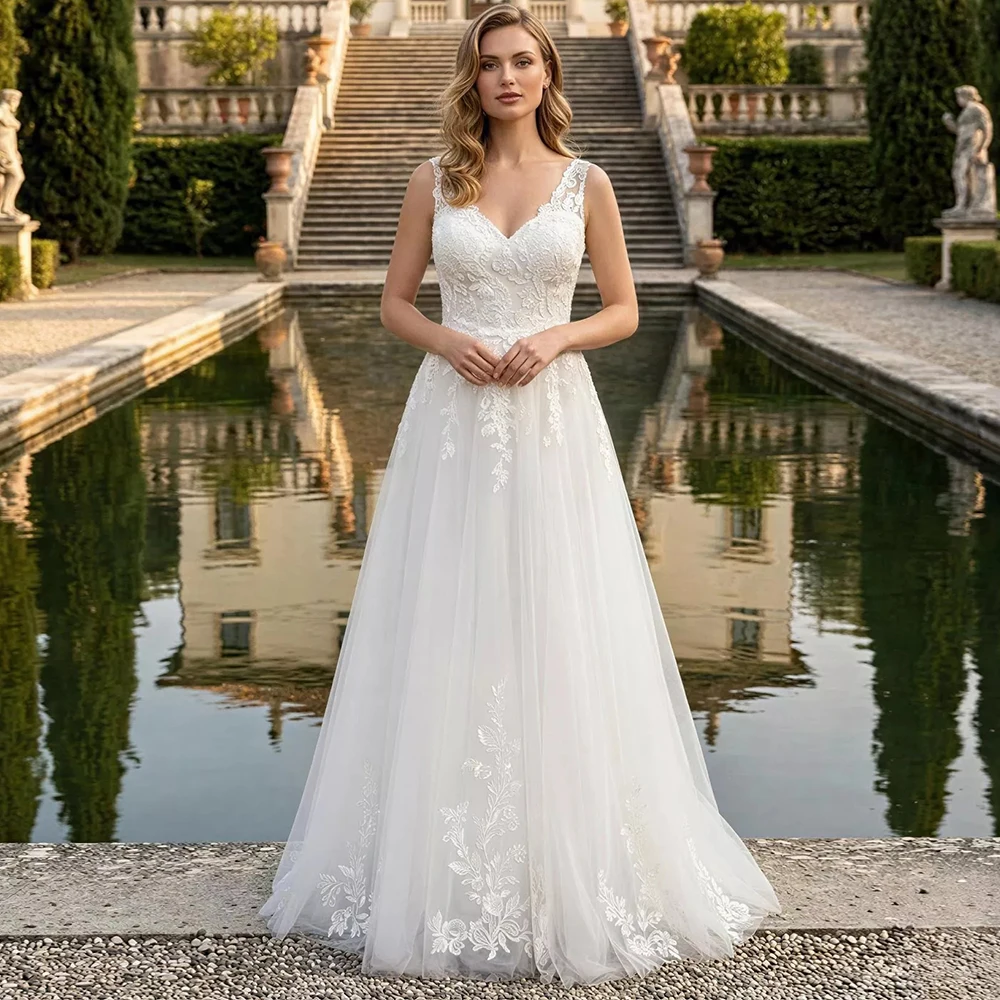 

Modern A-Line Sleeveless Wedding Dress for Brides Customized Tulle Appliques V-Neck Lace Up Back Bridal Gowns Vestido De Novia