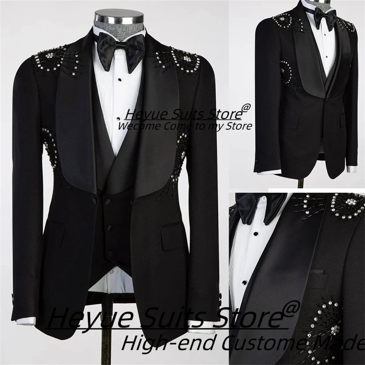 

Customized Shiny Diamond Black Groom Wedding Tuxedos Slim Fit Shawl Lapel Men Suits Luxurious 3 Pieces Sets Male Party Blazers