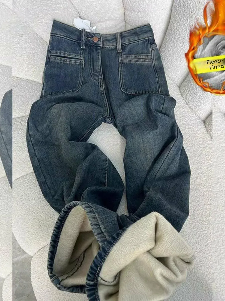 

Thiened Fce High Waist Wide Leg Jeans Women's Winter Long Pants Straight Cut Trousers ket Design Warm Blue ey