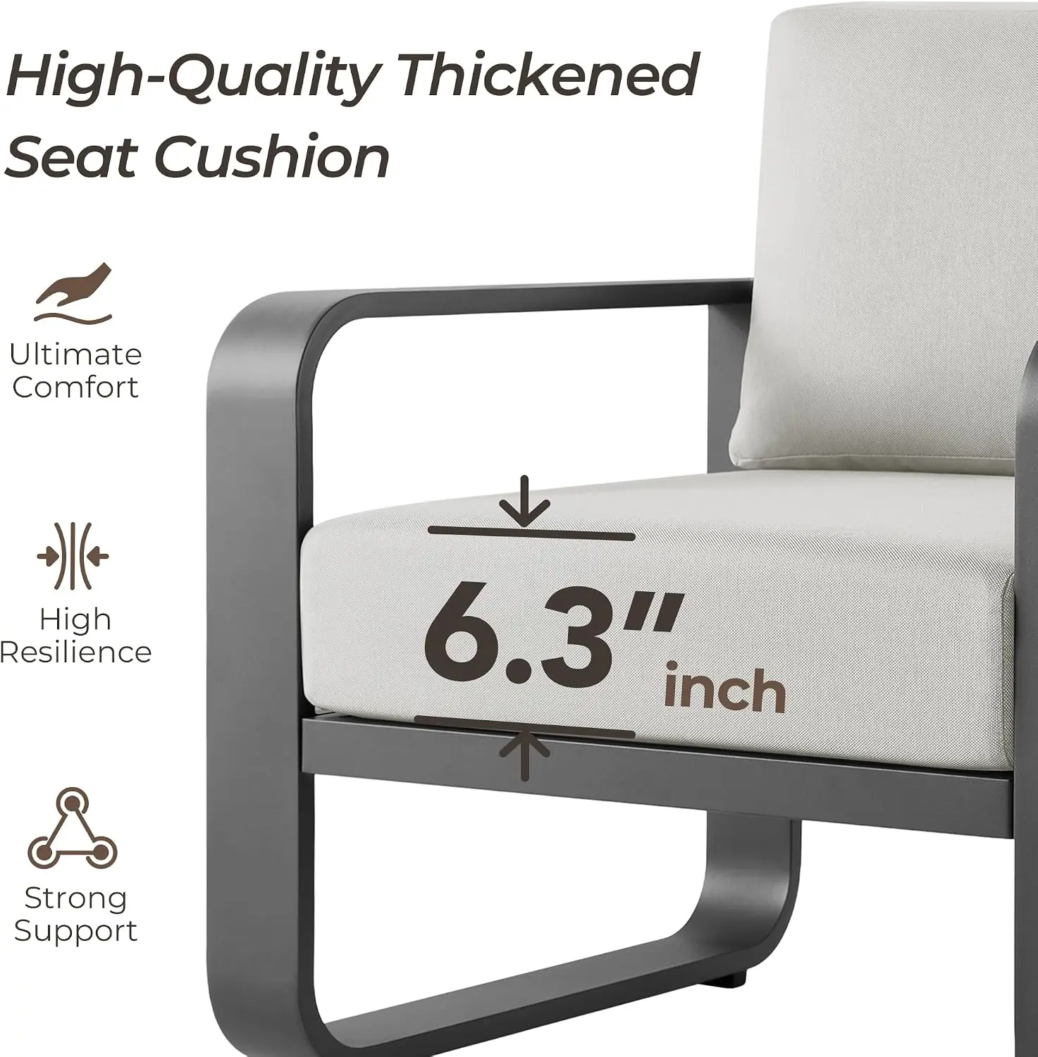 Aluminum Outdoor 3-Seater Sofa, Patio Sofa with 6.3in Thick Cushion | 100% Aluminum Frame, Wood-Like Finish Grain, 6.3in Thicken