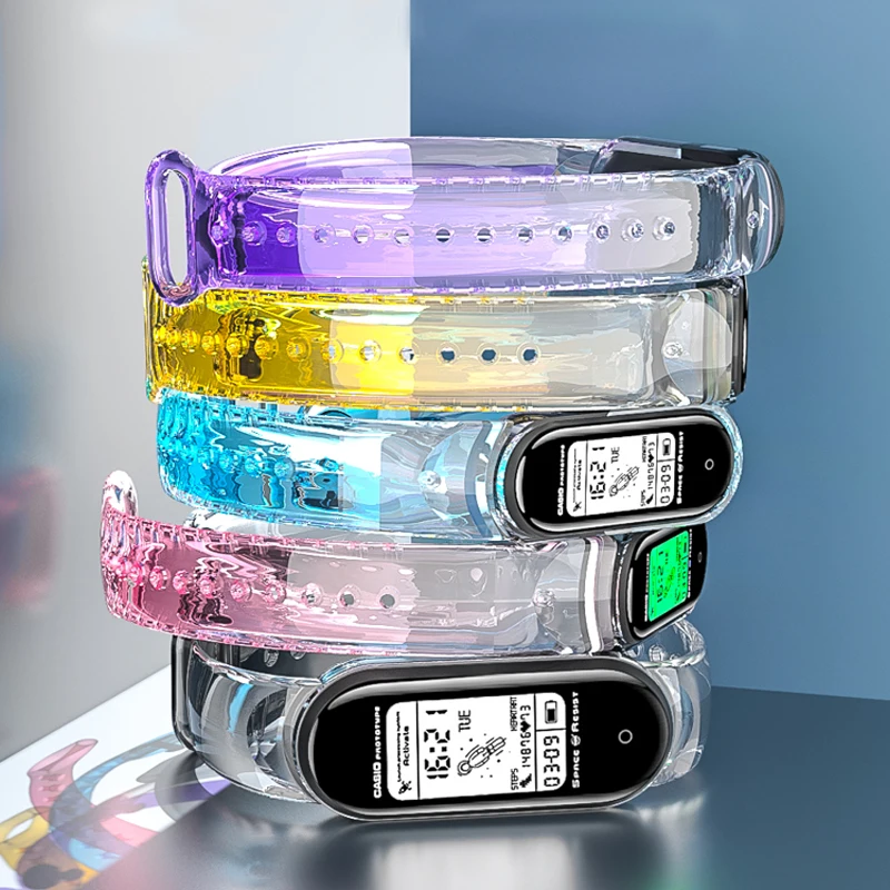 Correa de silicona para Xiaomi Mi Band 7, 6, 5, 4 y 3, pulsera de muñeca transparente que cambia de Color, repuesto