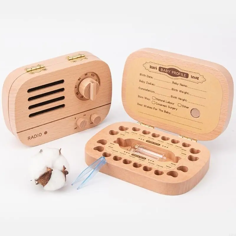 Wooden Retro Radio Baby Tooth Souvenir Box Display Case with Internal Compartments For Well Organized Storage A2UB