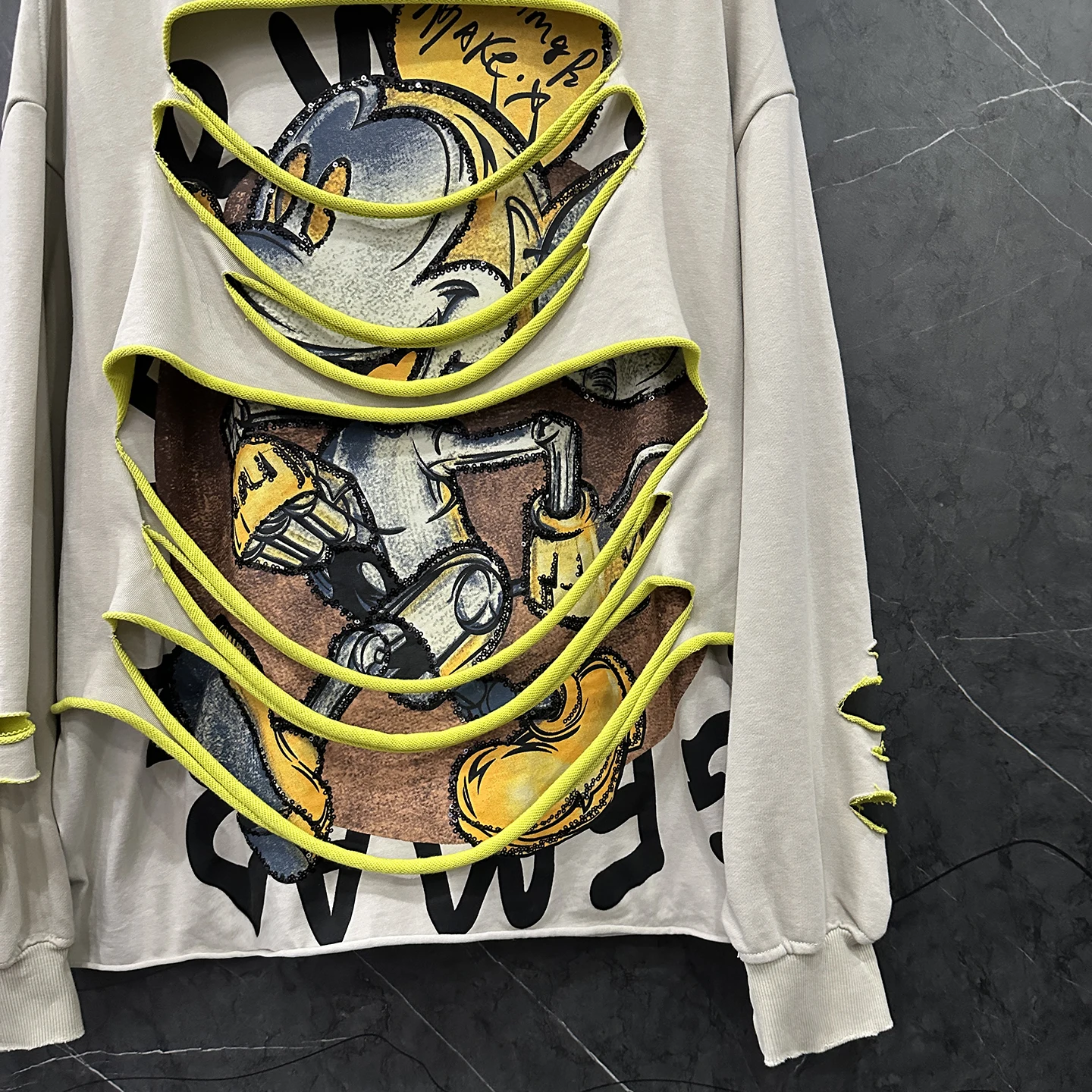 2025 Autumn New Distressed Fake Two-Piece Crew Neck Cartoon Sweatshirt for Women Loose Casual Fashion Printed Pullover Top