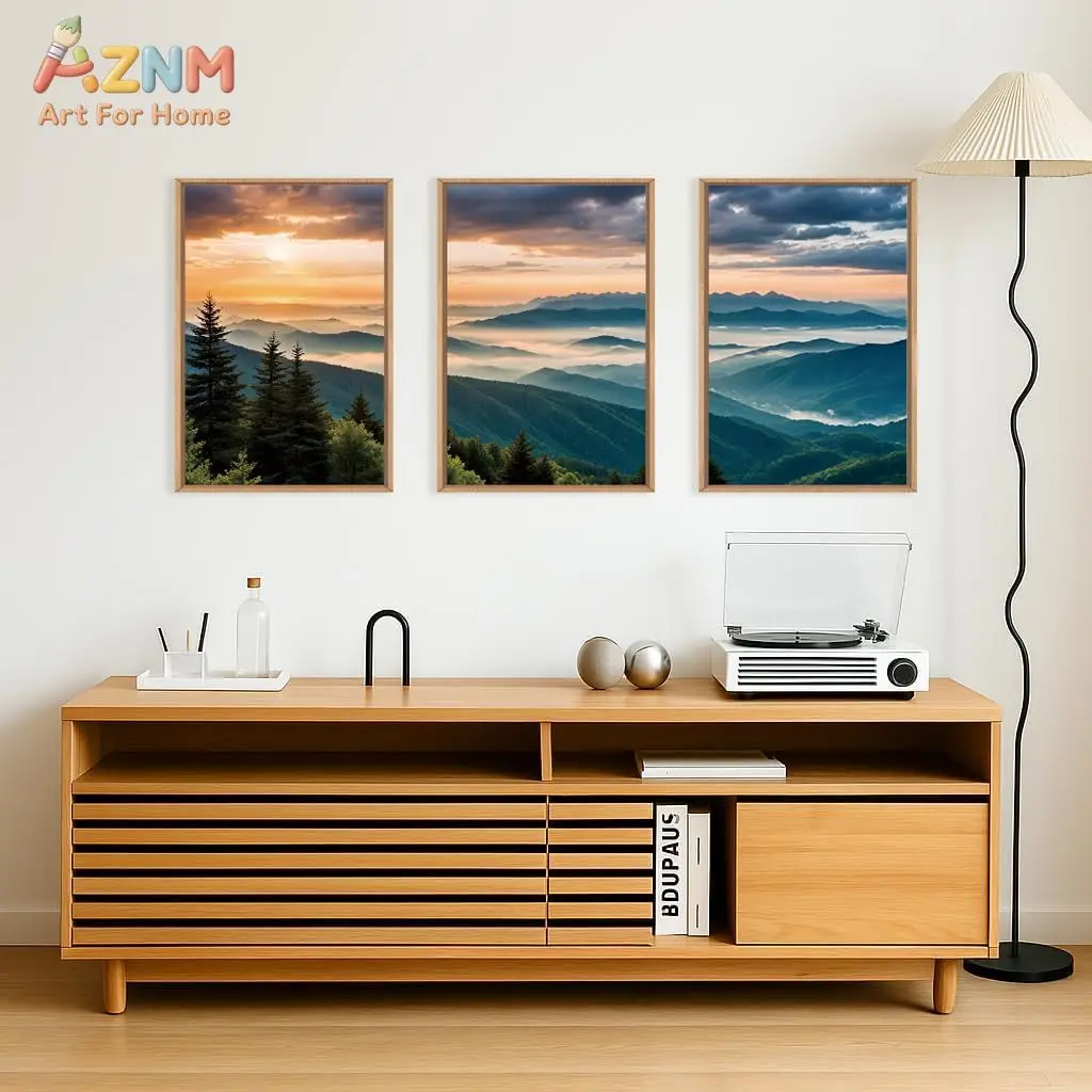 3PCS Mountain Sunset Forest Landscape Canvas Prints Misty Valley Nature Wall Art Posters for Living Room Bedroom Home Decor
