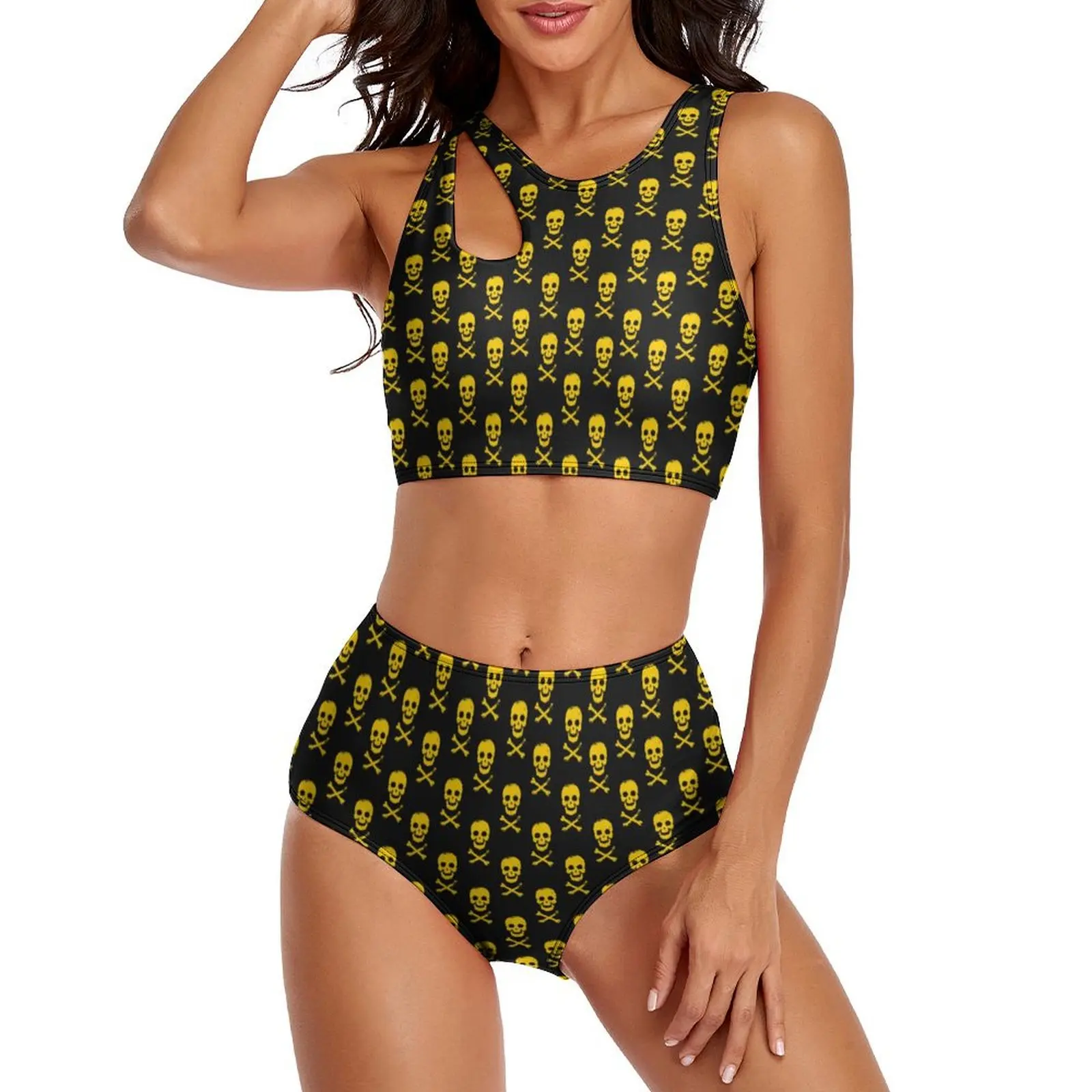 

Yellow Skull Bikini Set Crossbones Print Hollow Out Bikini Swimsuit Sexy High Waist Swimwear Pool Graphic Stylish Bathing Suit