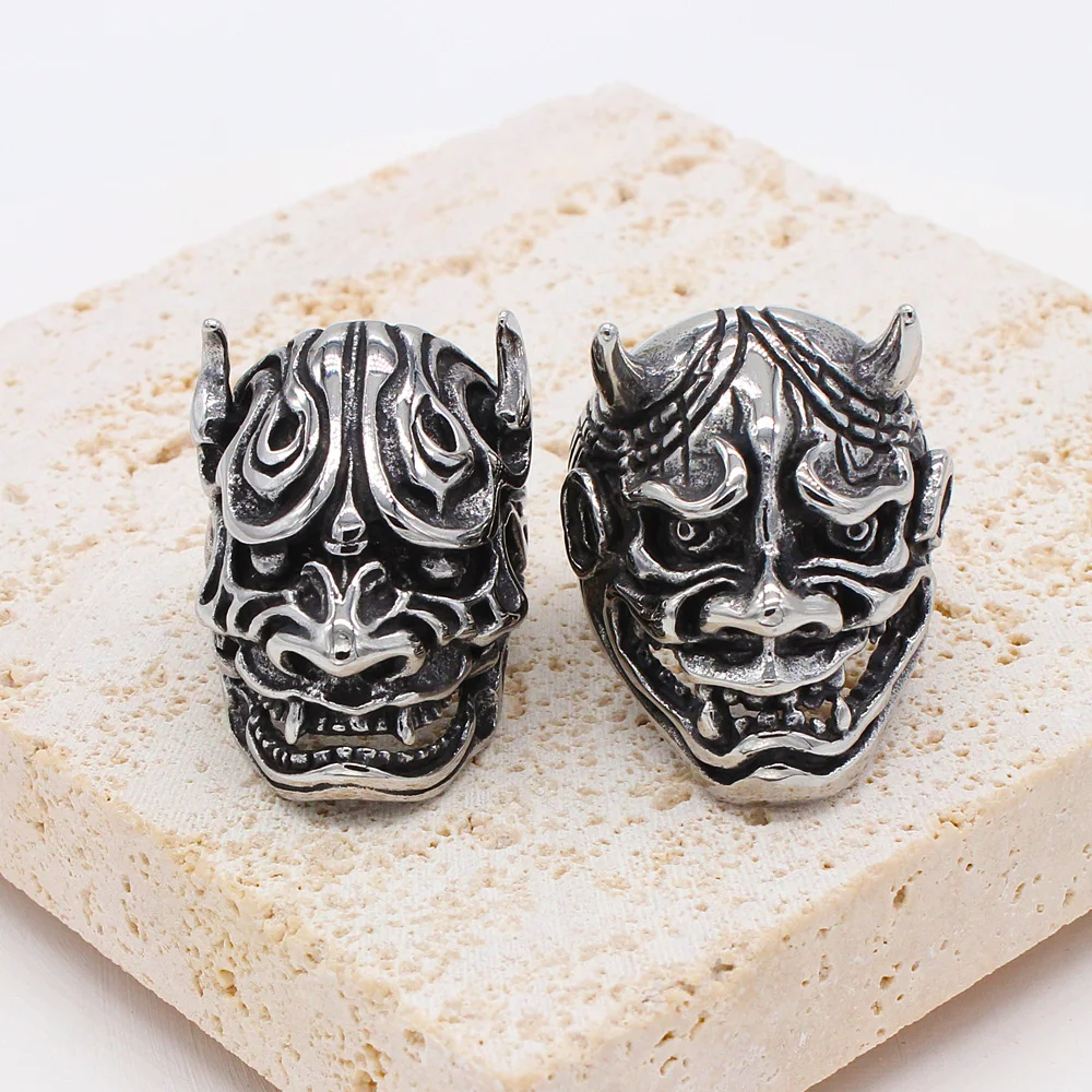 Gothic Demon Skull Mask Ring For Men Punk Hip Hop Japanese Demon Samurai Stainless Steel Biker Skull Rings Fashion Jewelry Gift