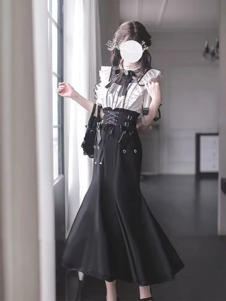Harajuku Kawaii Lolita Lace Fish Tail Skirts Y2k Slim Waist Black Skirt for Women Autumn Subcultural Mid-length Faldas Mujer