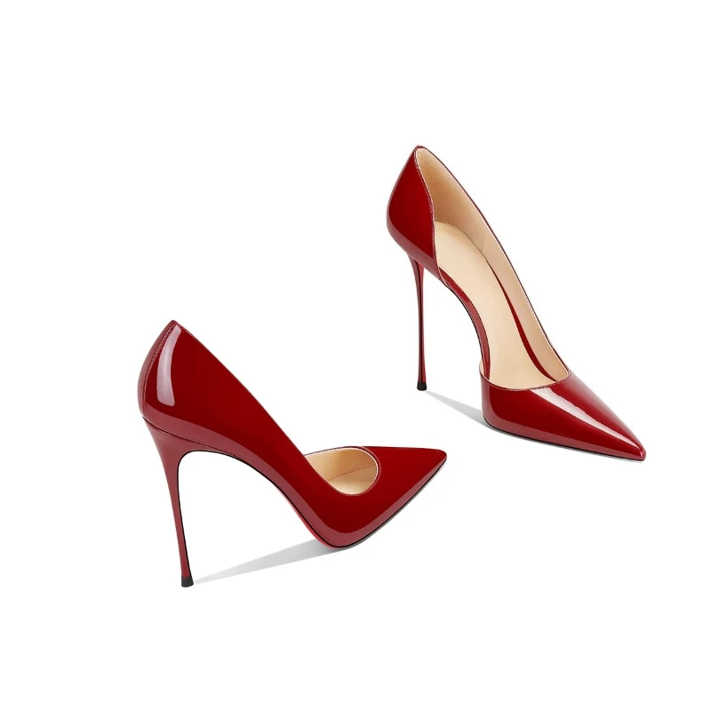 New versatile pointed thin heel high heels for women, wine red patent leather, sexy temperament, not tiring foot sole shoes