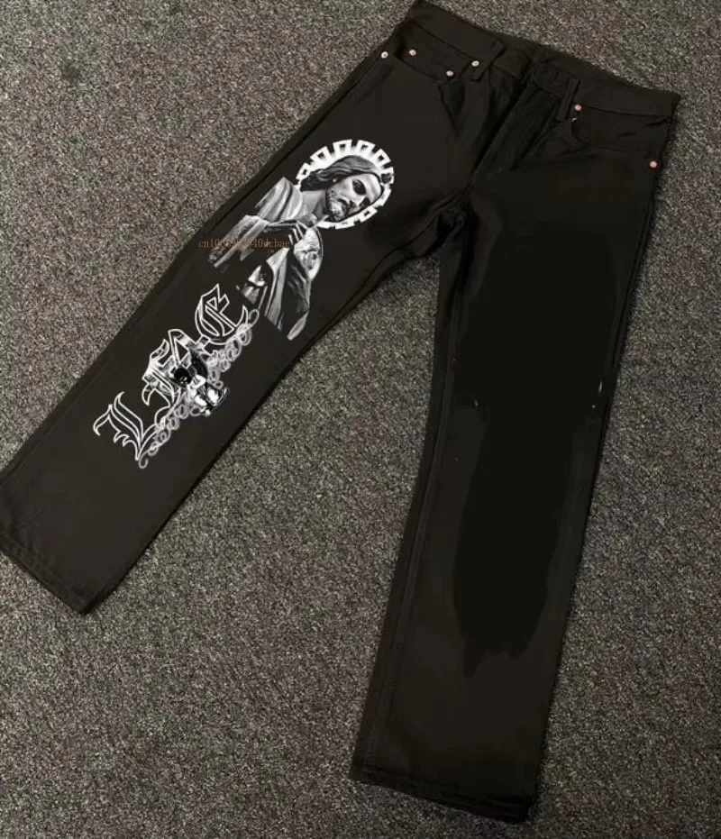 American Street Trendy Brand Letter Print Jeans Black Straight Jeans Men Women Ins Net Red Design Fashion Denim Wide Leg Jeans