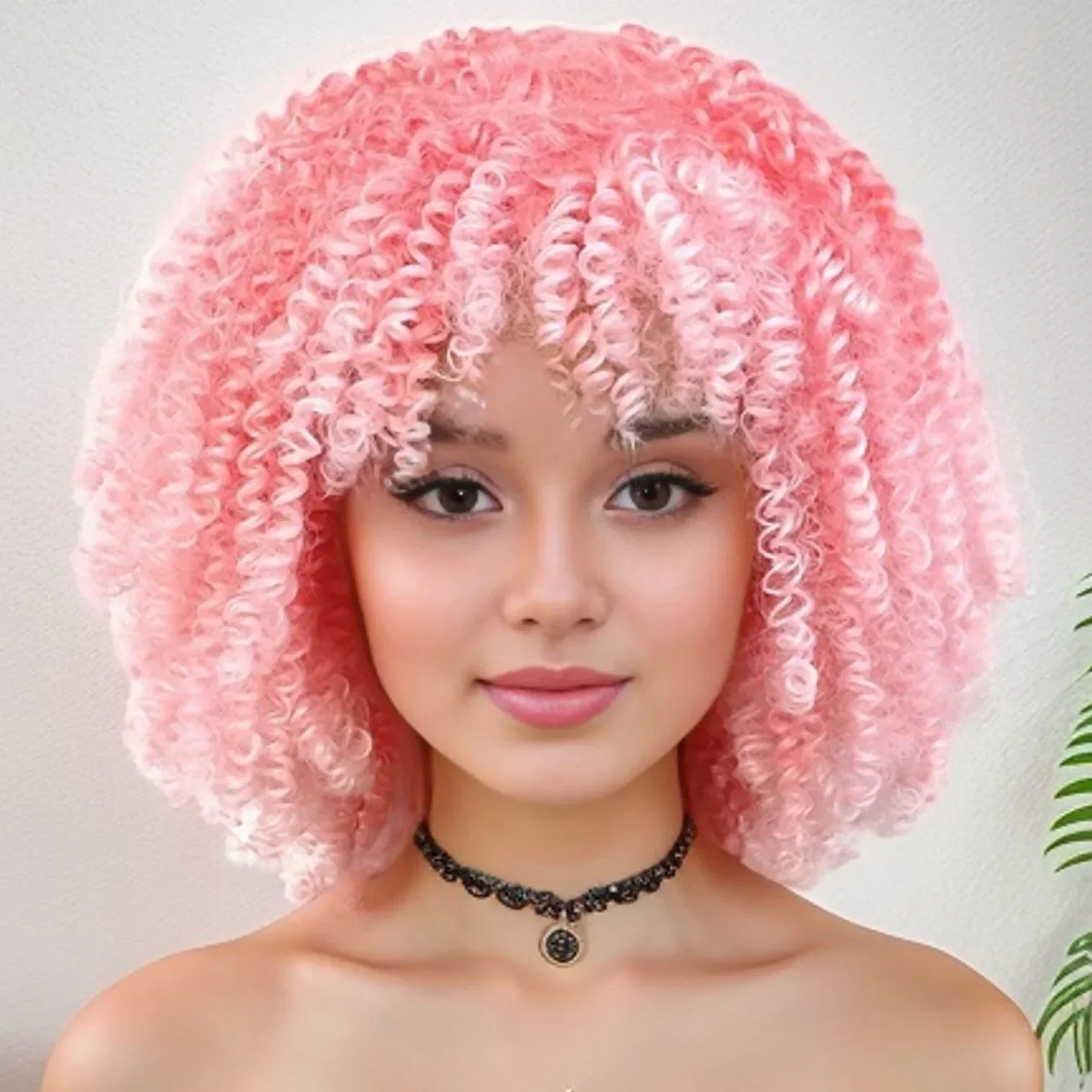 Synthetic Short Pink Wigs with Bang Natural White Women Curly Wig Loose Fluffy Hair Styles Drag Clearance Sale Cheap Wig Cosplay