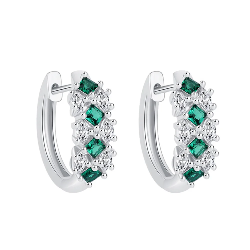  Square Green Simulated Nano Emerald 925 Sterling Silver Luxury Horse Eye Gemstone Geometric Hoop Earring Jewelry for Woman