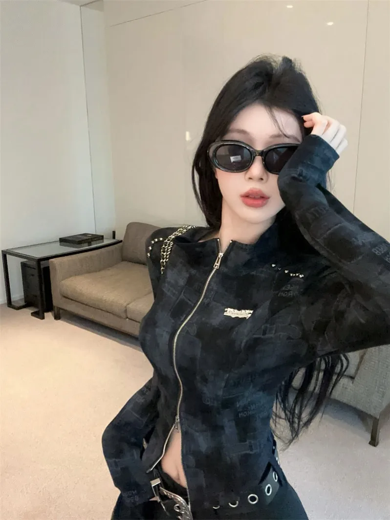 Alla moda Tie-Dye Lungo Sve Colletto alla coreana Base irt Primavera da donna American Hot Girl Top Cerniera interna Jaet Cover up