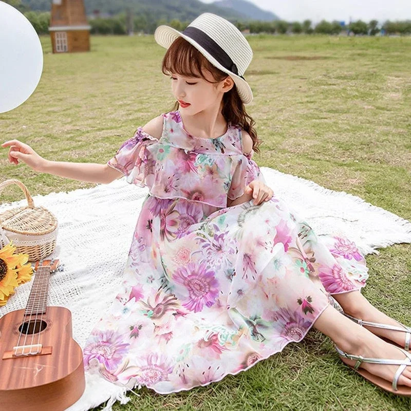 Vestido longo com padrão floral para meninas, novo vestido de verão para crianças de 5, 6, 8, 9, 10 e 11 anos