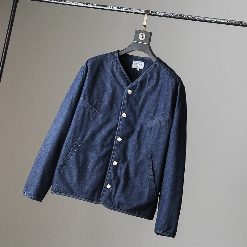 

Loose Fit Men's Denim Cotton Jaet Autumn Winter New Sle Retro Casual Outerwear Thiened Long Sve No Collar Youth Faion