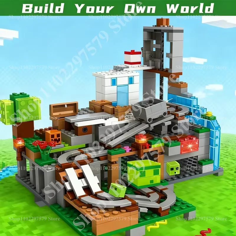 600PCS+ Building Village Tree House Waterfall Dig Mine Shaft Monster Railway Ore Car Building Blocks Toys For Kid Birthday Gifts