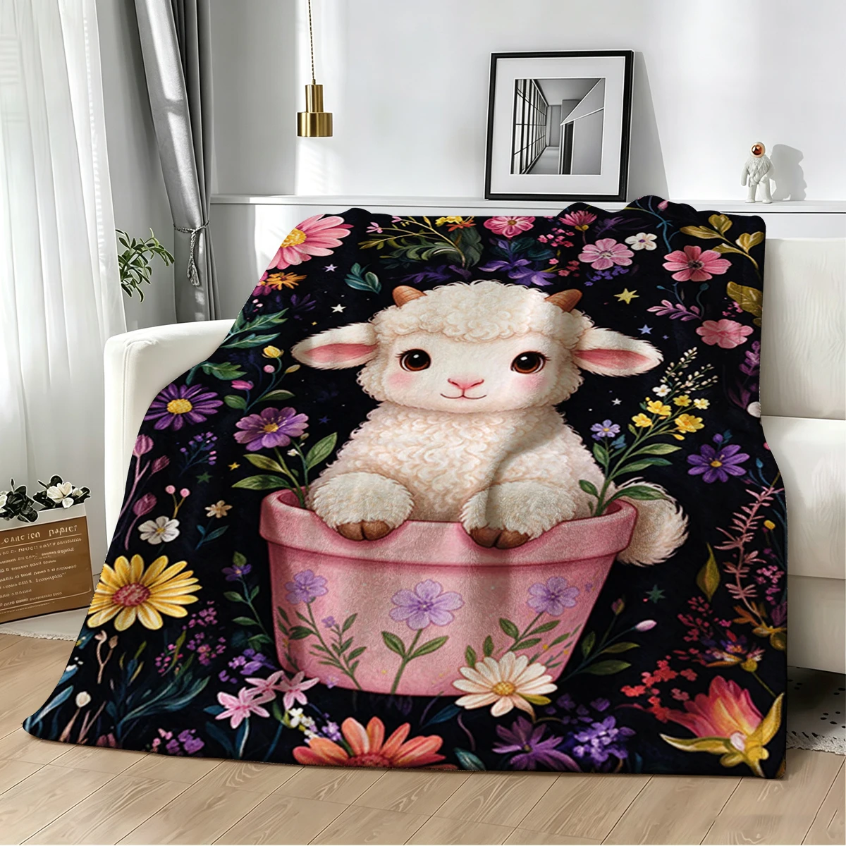 Baby Lamb Forget Me Not Pot Flannel Blanket Warm Soft Halloween Christmas Decorative Couch Warm Cozy All-Season Gift