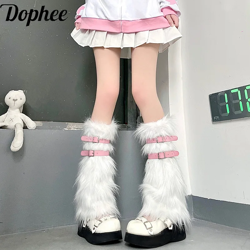 

Dophee Y2k Spice Girls Furry Leather Buckle Sock Covers Subculture Punk Middle Tube JK Foot Cover Faux Fur Warm Leg Warmers