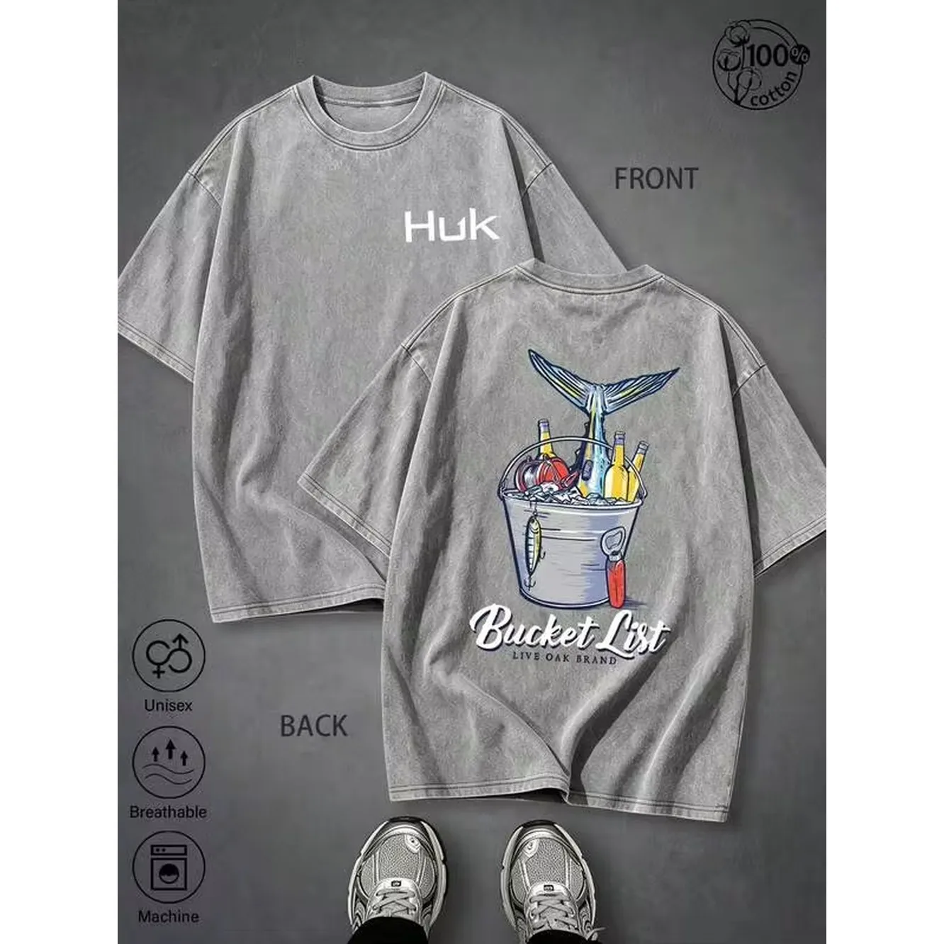American Outdoor Style Bucket List Fishing Ice Bucket Printed T-Shirt Made Of Old Washed Shirt,Men's T-Shirt Sports And Leisure Style Y2k Graphic Tees