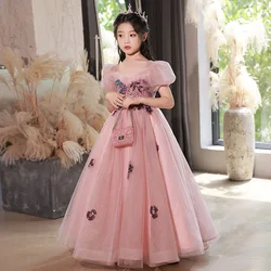 Girls' Dress Spring High-end Children's Princess Dress Pink Flower Kid Wedding Party Host Elegant Catwalk Piano Performance Gown