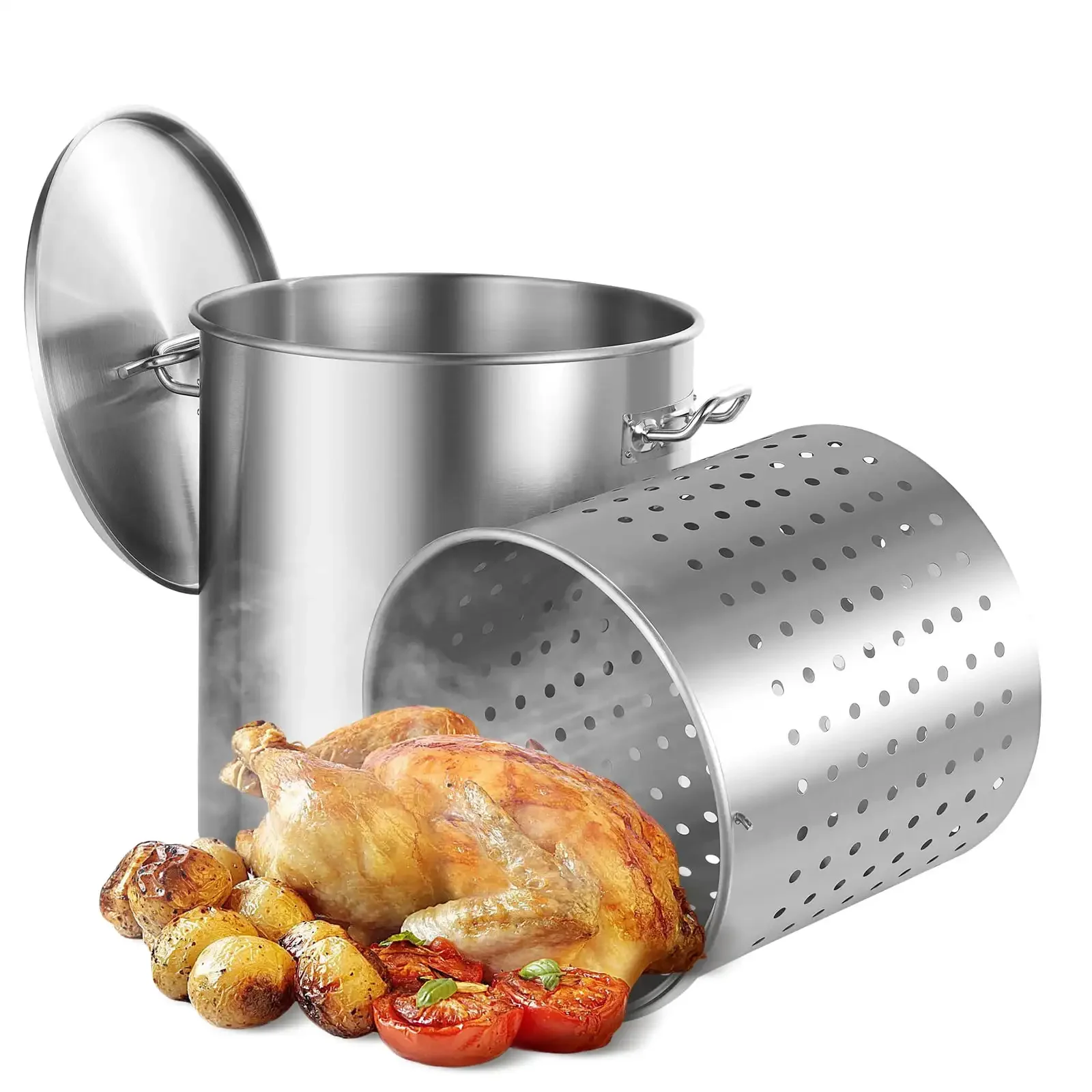 

64 Qt Silver Stainless Steel Stockpot, Cooking Pot Basket, Cover, and Handle, Commercial Kitchen Sauce Pot Stock Pot,