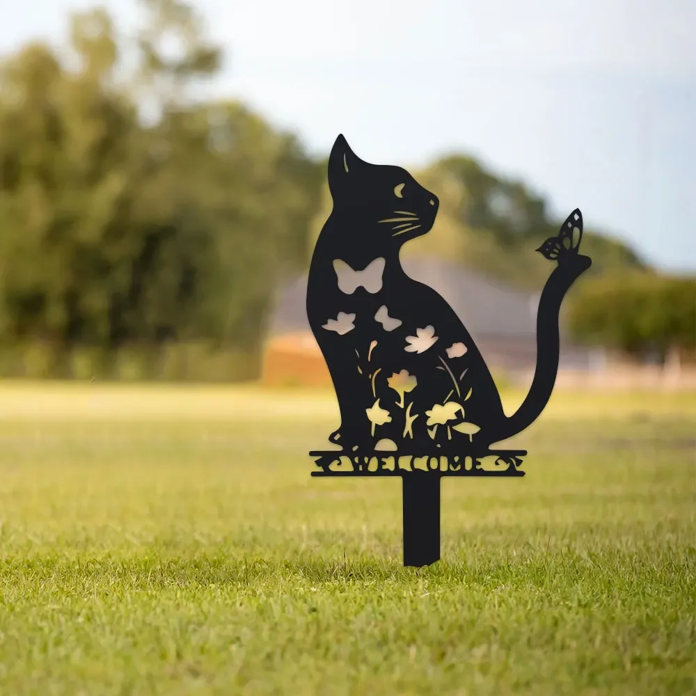2D Metal 1pc Outdoor Animal Silhouette Decorative Floor Mount, Lawn Ornament Rustic Cast Iron Cat Garden Stake