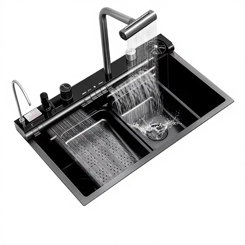 STLF 30 Black Modern  Surface Kitchen Sink Multifunctional Digital Display Smart Function Cutting Board Pull-out Faucet