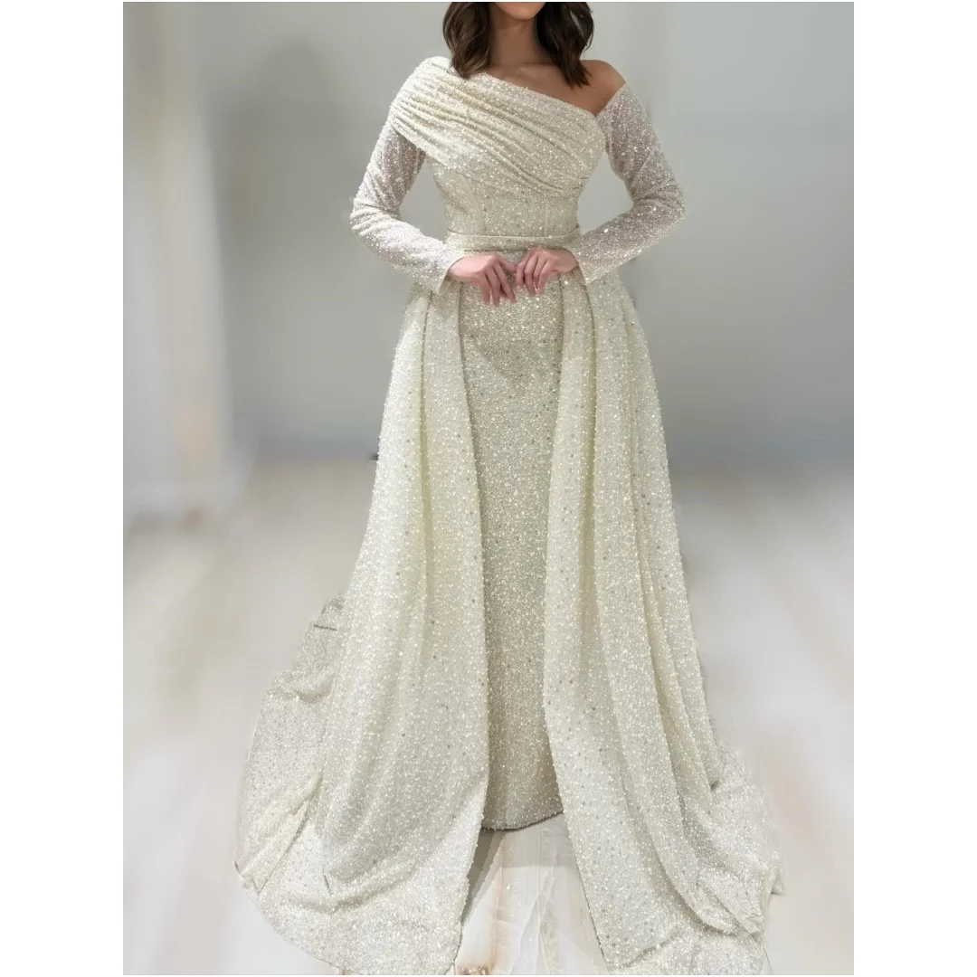 

Stunning Sequin Evening Dresses Long Sleeves Pleated Prom Dress Floor Length Luxury Wedding Party Gown Customized Vestidos