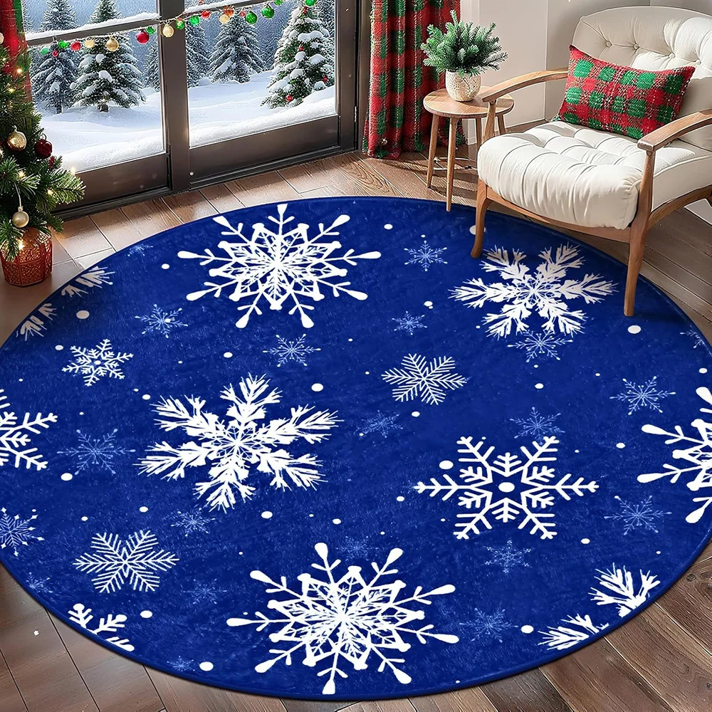 Blue Snowflake Geometric Abstract Carpet For Contemporary Living Area Cool Tone Decor Soft Round Rug
