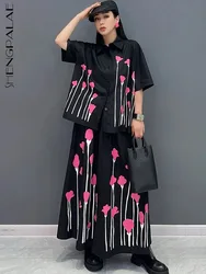 SHENGPALAE Dwuczęściowy zestaw damski 2024 Summer New Fashion Print Luźna koszula z krótkim rękawem i spódnica Elegancka luźna odzież 5C1177